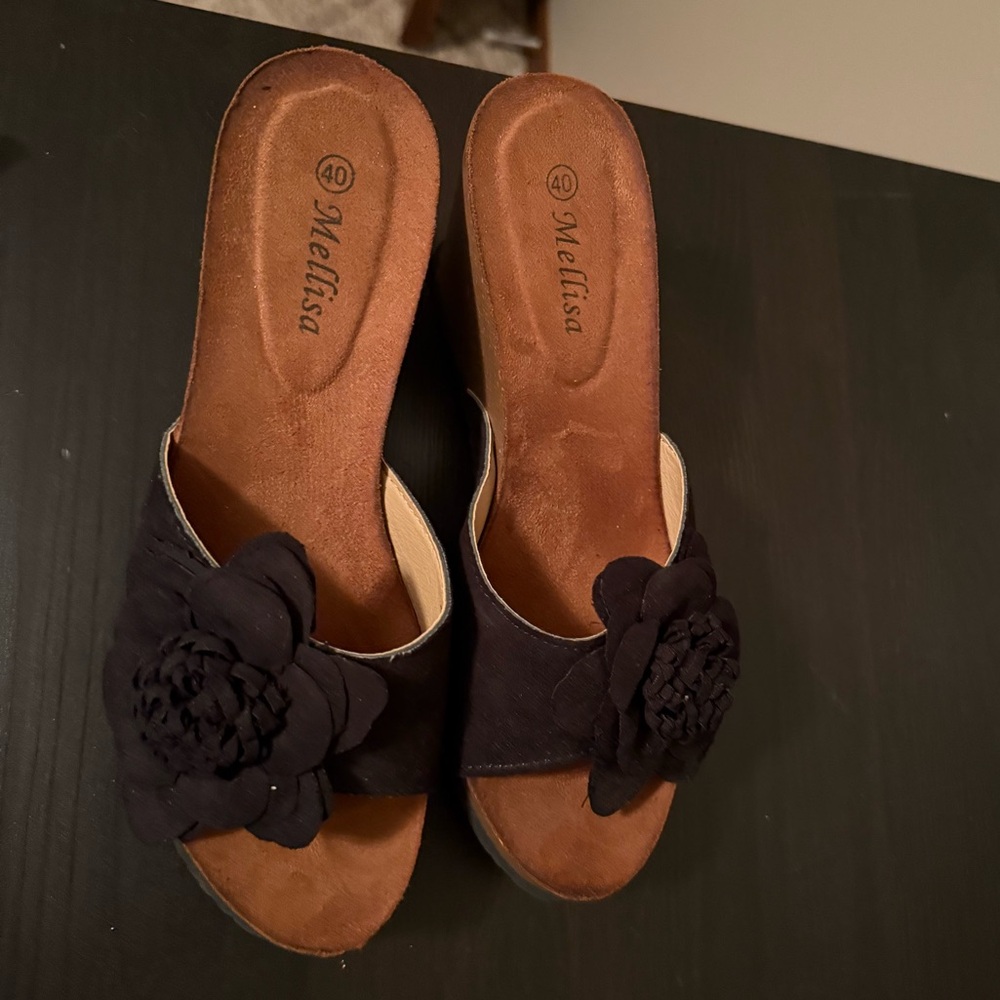 Black Wedge Sandals with Floral Accent, NWOT - Picture 4 of 4